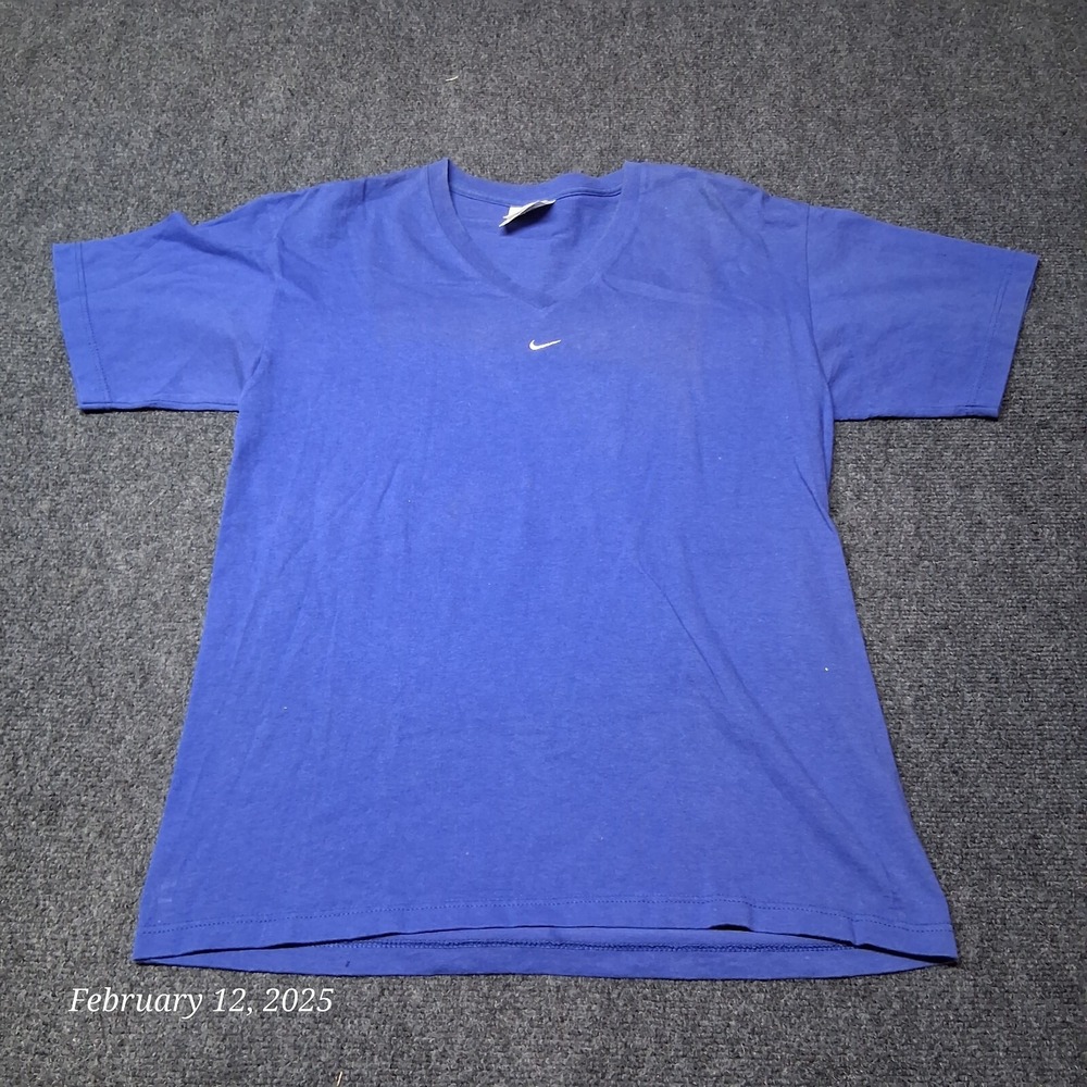 VTG Nike Center Swoosh Check Shirt Women Size Small 4-6 Blue V Neck USA Made